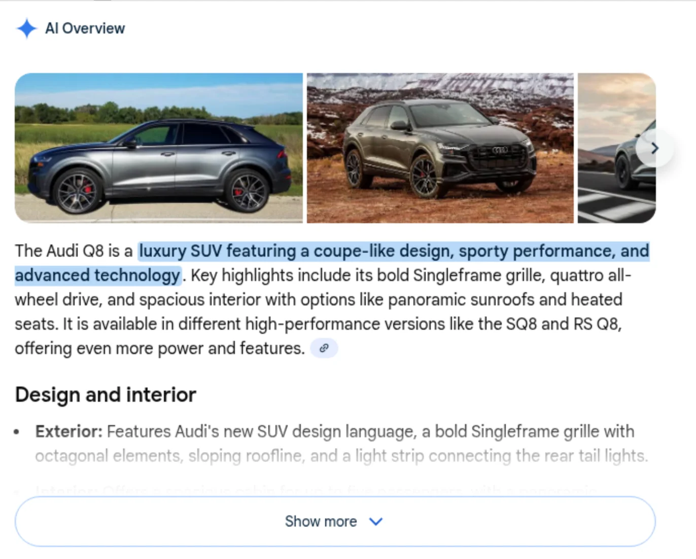 Audi Q8 Google search results page view